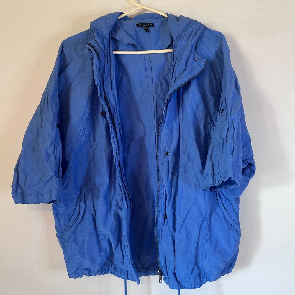 Eileen Fisher Petite PL Rumple Hooded Jacket Blue Cotton Nylon Metallic